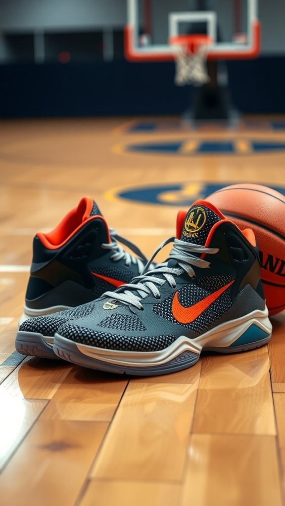 Stephen Curry 6 basketball shoes on a court with a basketball.